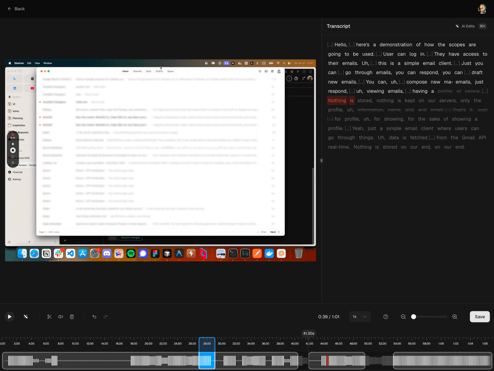 The Qumra editor removing filler words from a video via its AI transcript